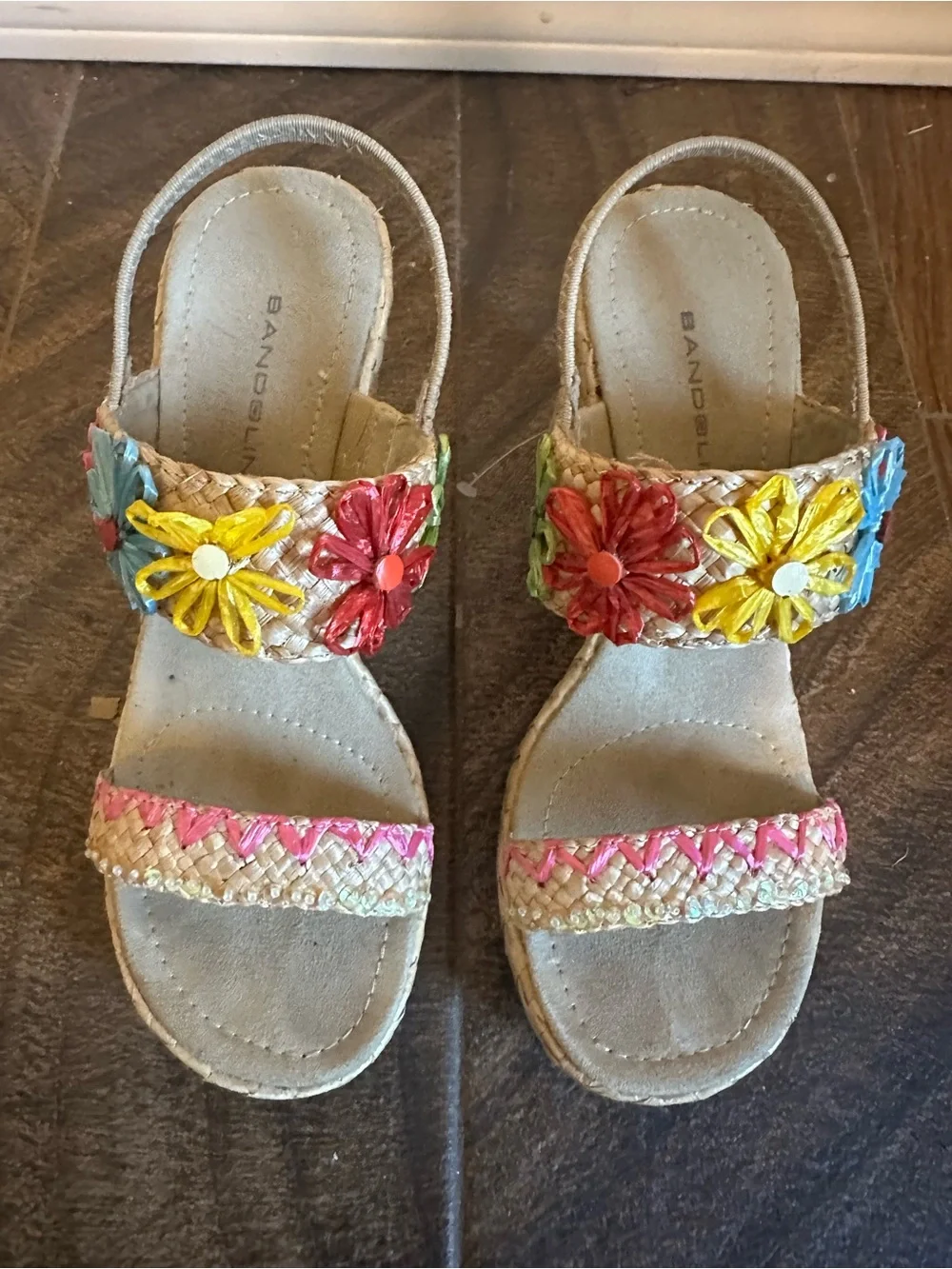Woven Espadrille Wedge Sandals with Multicolor Floral Accents